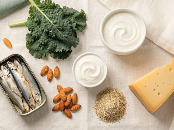 Aliments riches en calcium : sardines, amandes, chou kale, yaourt