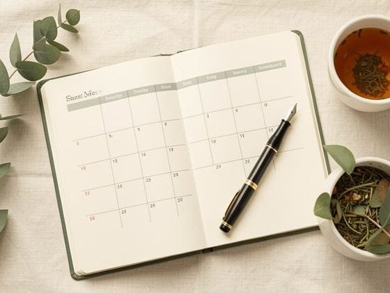 Carnet ouvert sur un calendrier mensuel et stylo, suivi des cycles